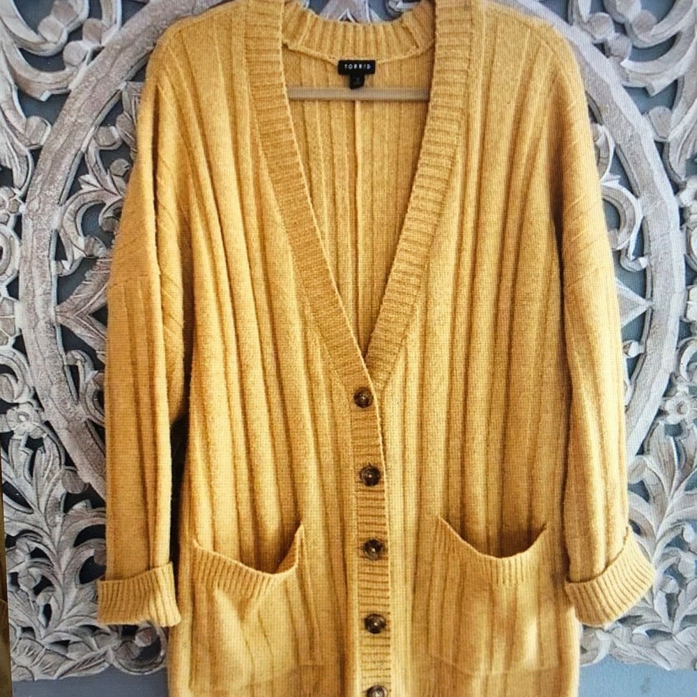 Golden Ribbed Button-Up Cardigan
